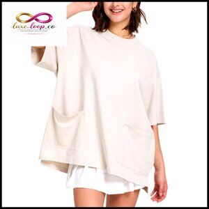 Oversized Cotton T-Shirt with Pockets, Loose Fit, Side Slit, Crewneck